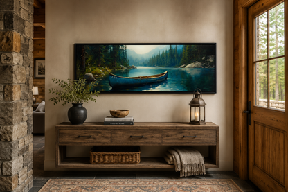 Old Blue Canoe In The Lake Long Horizontal Framed Canvas Wall Art