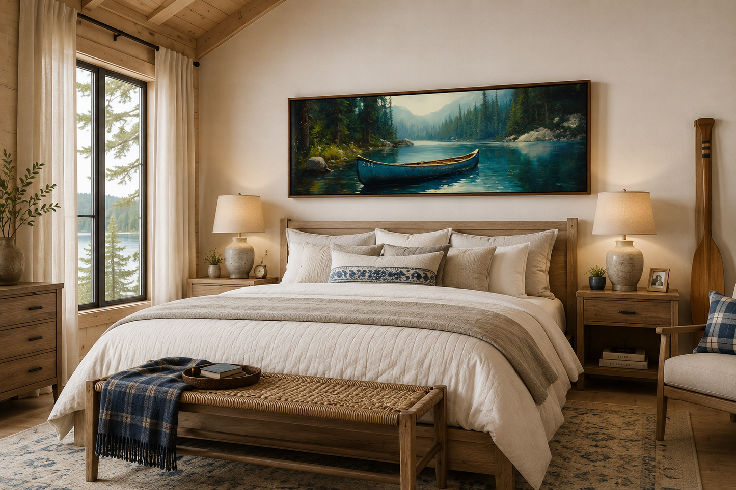 Old Blue Canoe In The Lake Long Horizontal Framed Canvas Wall Art