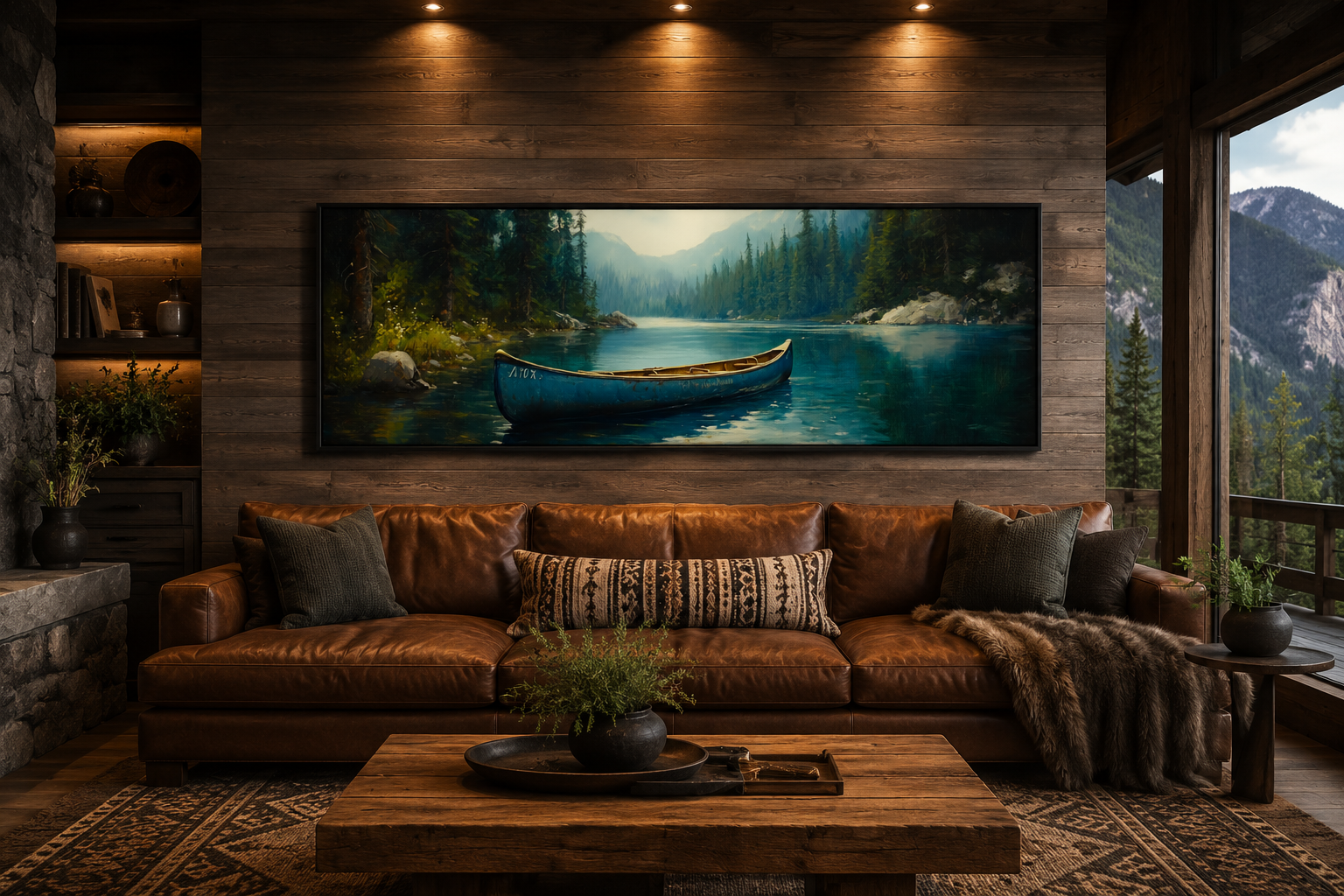 Old Blue Canoe In The Lake Long Horizontal Framed Canvas Wall Art