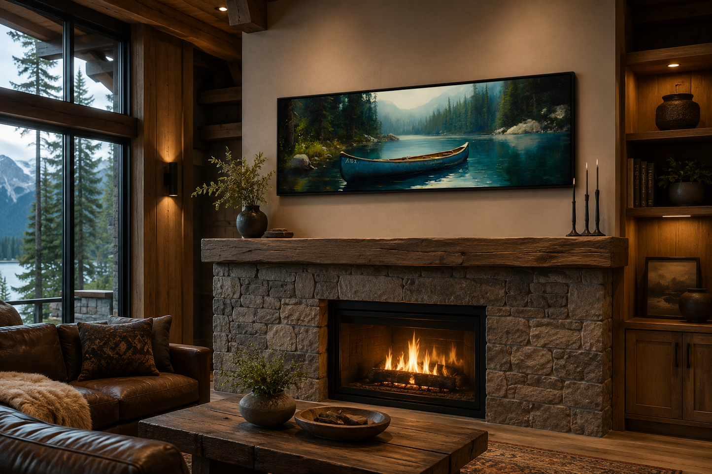 Old Blue Canoe In The Lake Long Horizontal Framed Canvas Wall Art