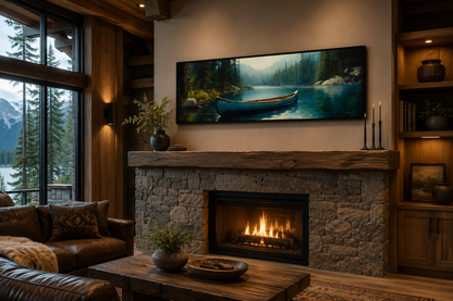 Old Blue Canoe In The Lake Long Horizontal Framed Canvas Wall Art