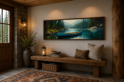 Old Blue Canoe In The Lake Long Horizontal Framed Canvas Wall Art