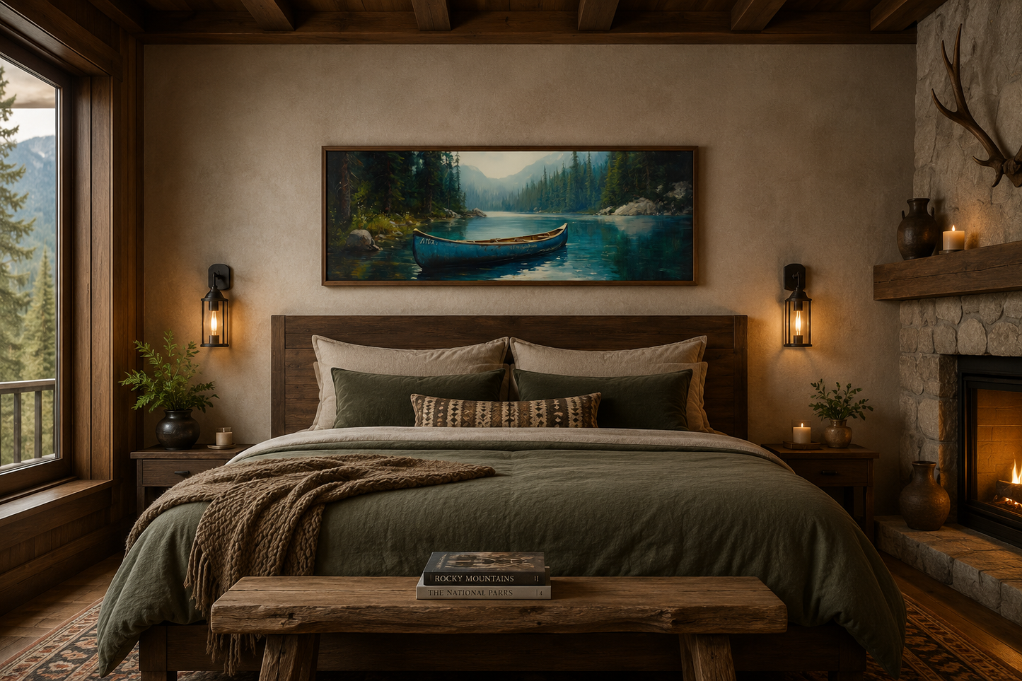 Old Blue Canoe In The Lake Long Horizontal Framed Canvas Wall Art