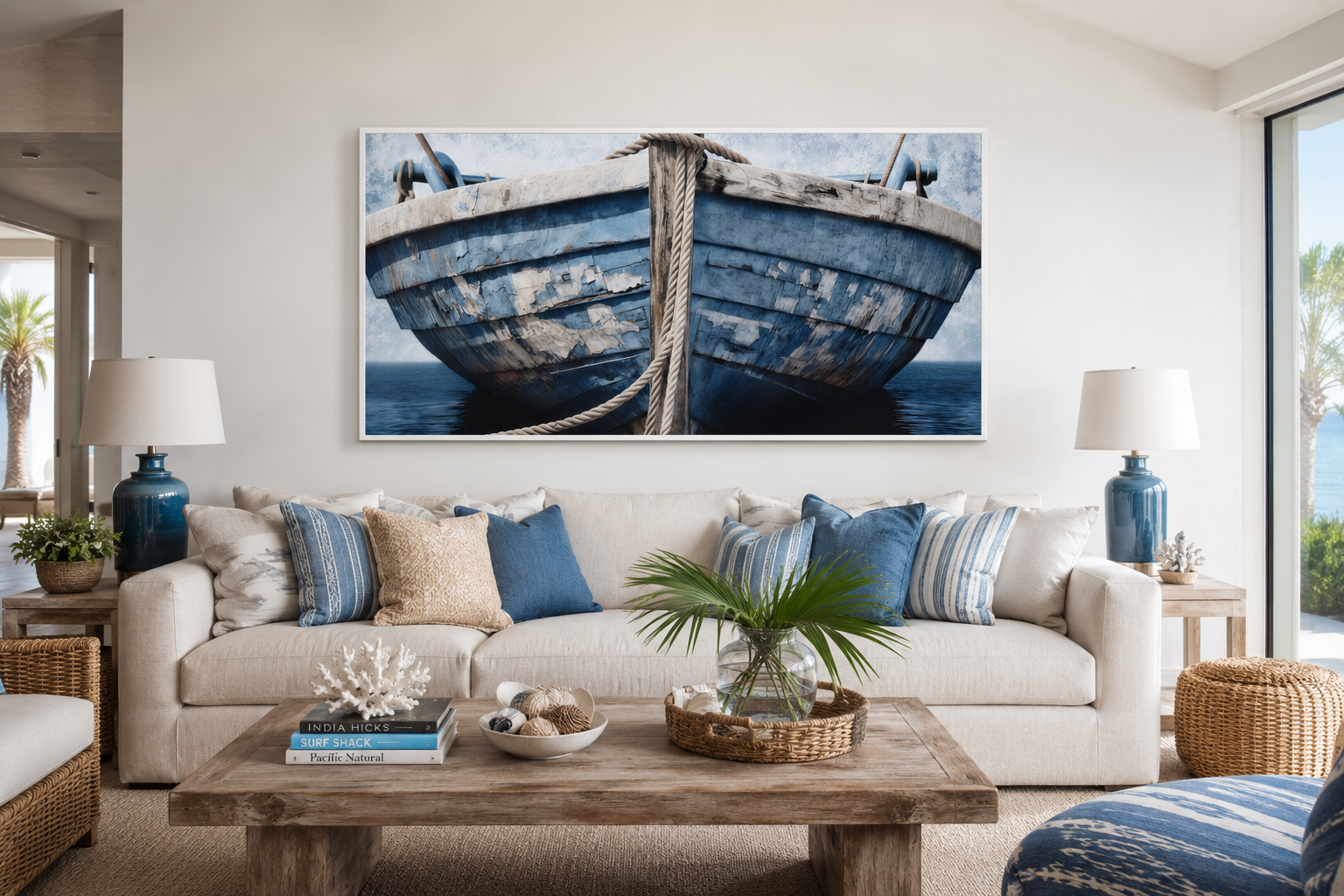 Old Blue White Rustic Boat Nautical Framed Canvas Wall Art For Beach House Decor