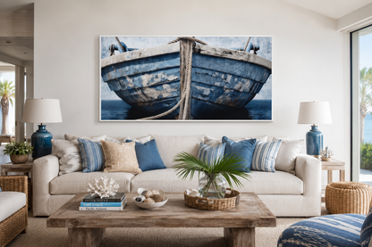 Old Blue White Rustic Boat Nautical Framed Canvas Wall Art For Beach House Decor