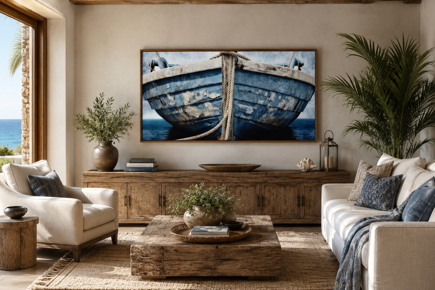 Old Blue White Rustic Boat Nautical Framed Canvas Wall Art For Beach House Decor