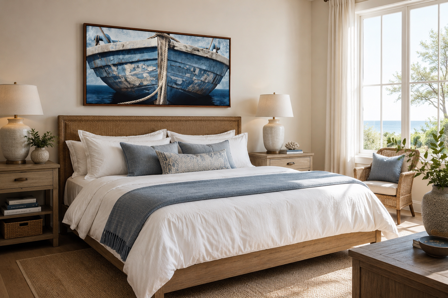 Old Blue White Rustic Boat Nautical Framed Canvas Wall Art For Beach House Decor