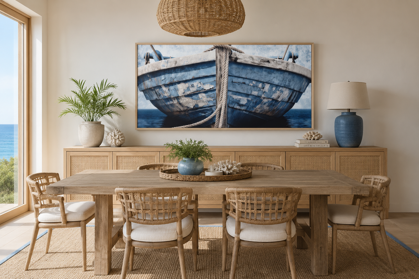 Old Blue White Rustic Boat Nautical Framed Canvas Wall Art For Beach House Decor