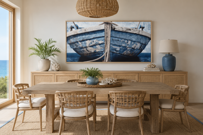 Old Blue White Rustic Boat Nautical Framed Canvas Wall Art For Beach House Decor