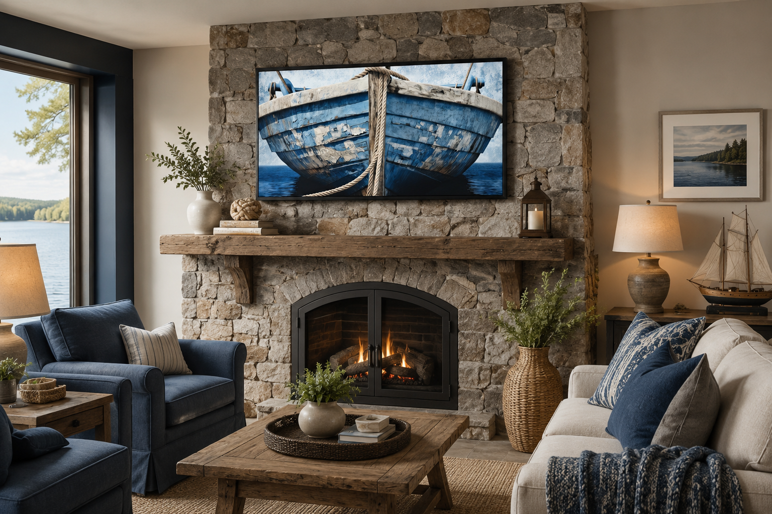 Old Blue White Rustic Boat Nautical Framed Canvas Wall Art For Beach House Decor