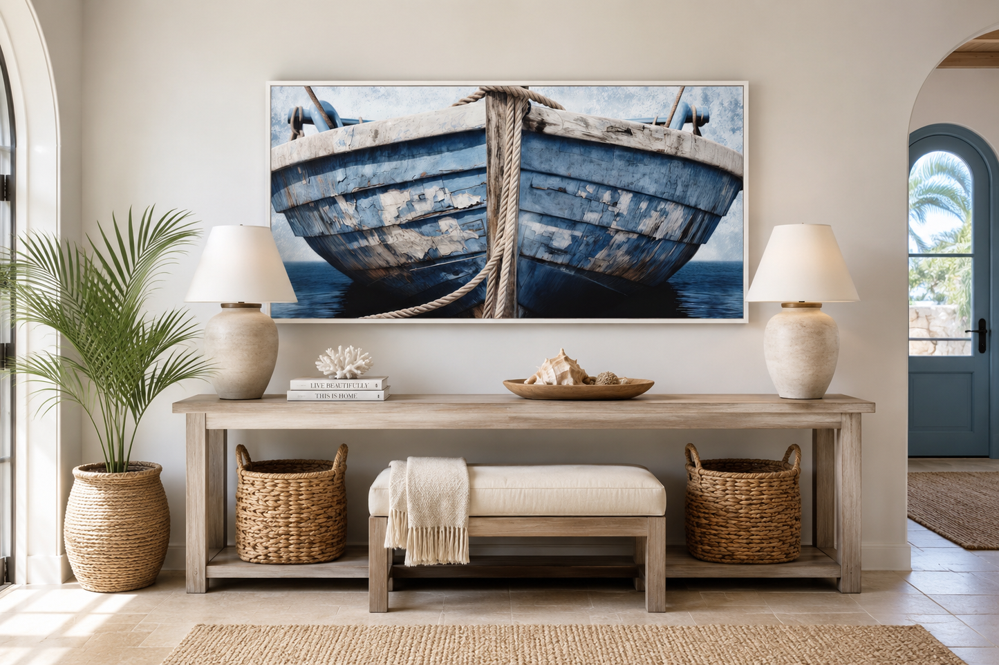 Old Blue White Rustic Boat Nautical Framed Canvas Wall Art For Beach House Decor