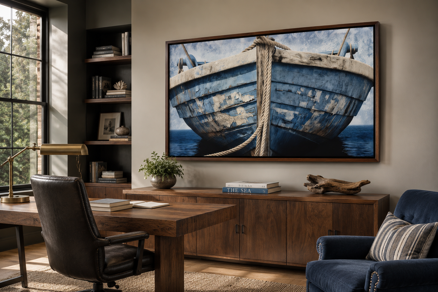 Old Blue White Rustic Boat Nautical Framed Canvas Wall Art For Beach House Decor
