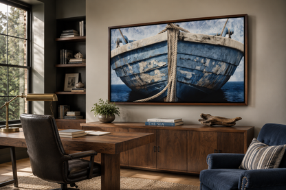 Old Blue White Rustic Boat Nautical Framed Canvas Wall Art For Beach House Decor