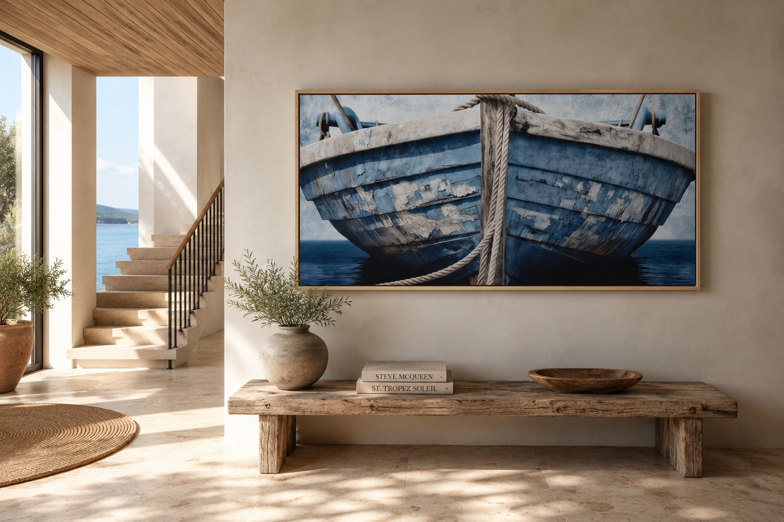 Old Blue White Rustic Boat Nautical Framed Canvas Wall Art For Beach House Decor