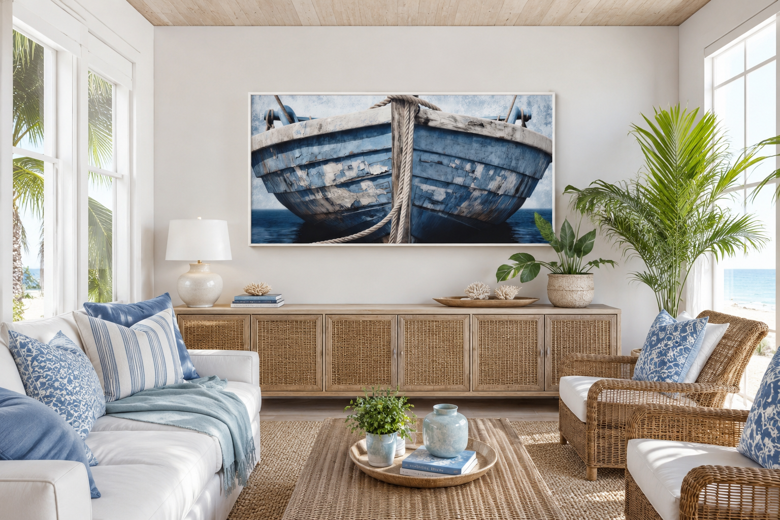 Old Blue White Rustic Boat Nautical Framed Canvas Wall Art For Beach House Decor
