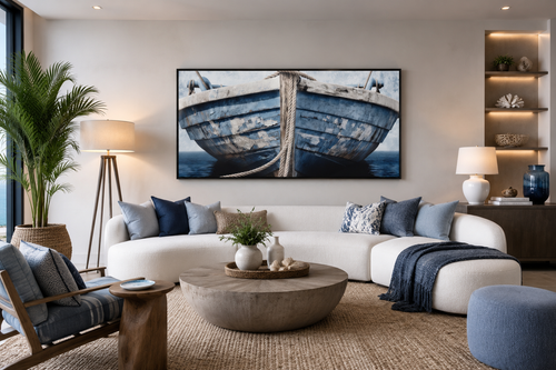 Old Blue White Rustic Boat Nautical Framed Canvas Wall Art For Beach House Decor