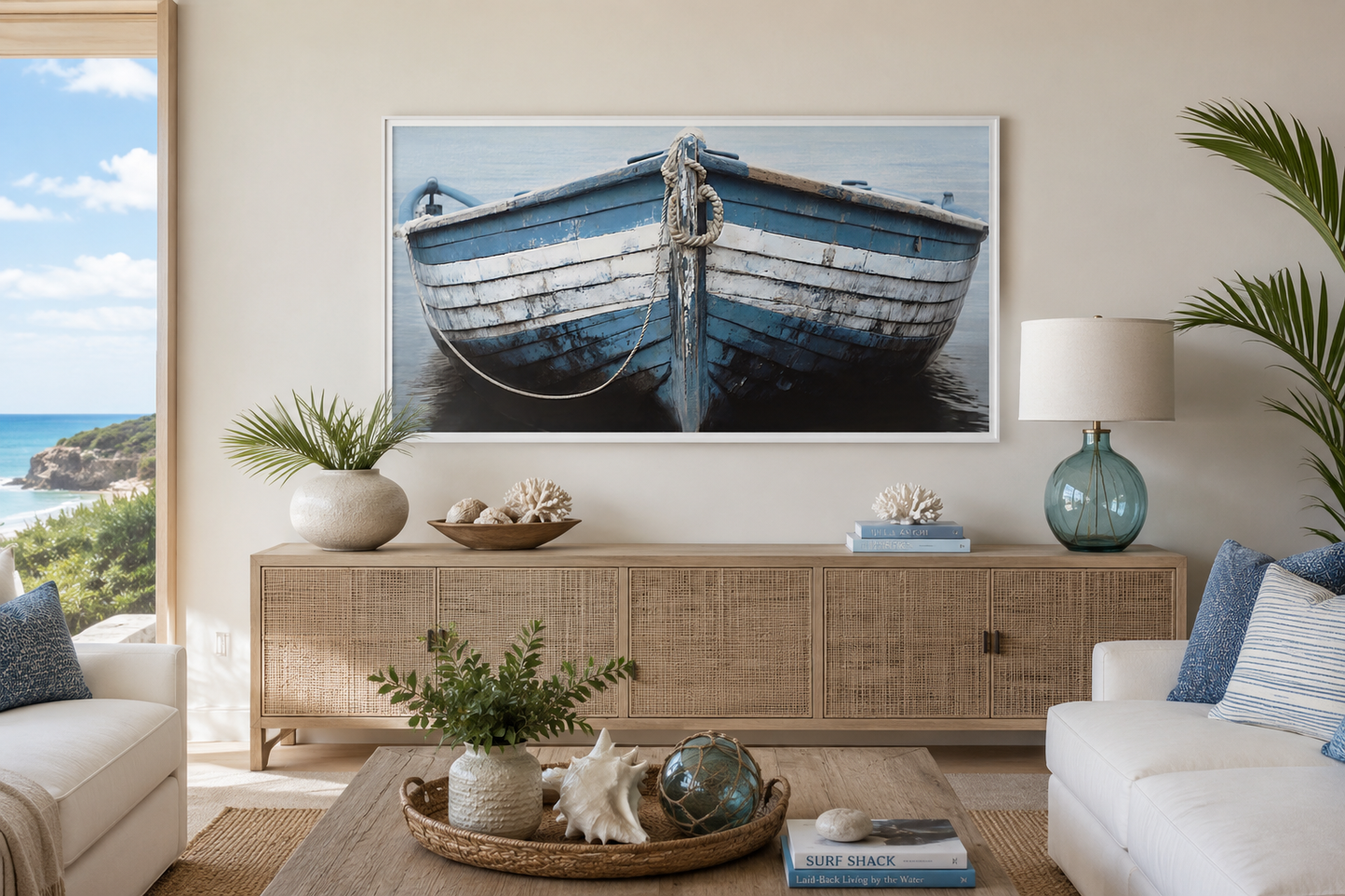 Rustic Boat Wall Art – Blue White Nautical Canvas Print for Coastal Decor
