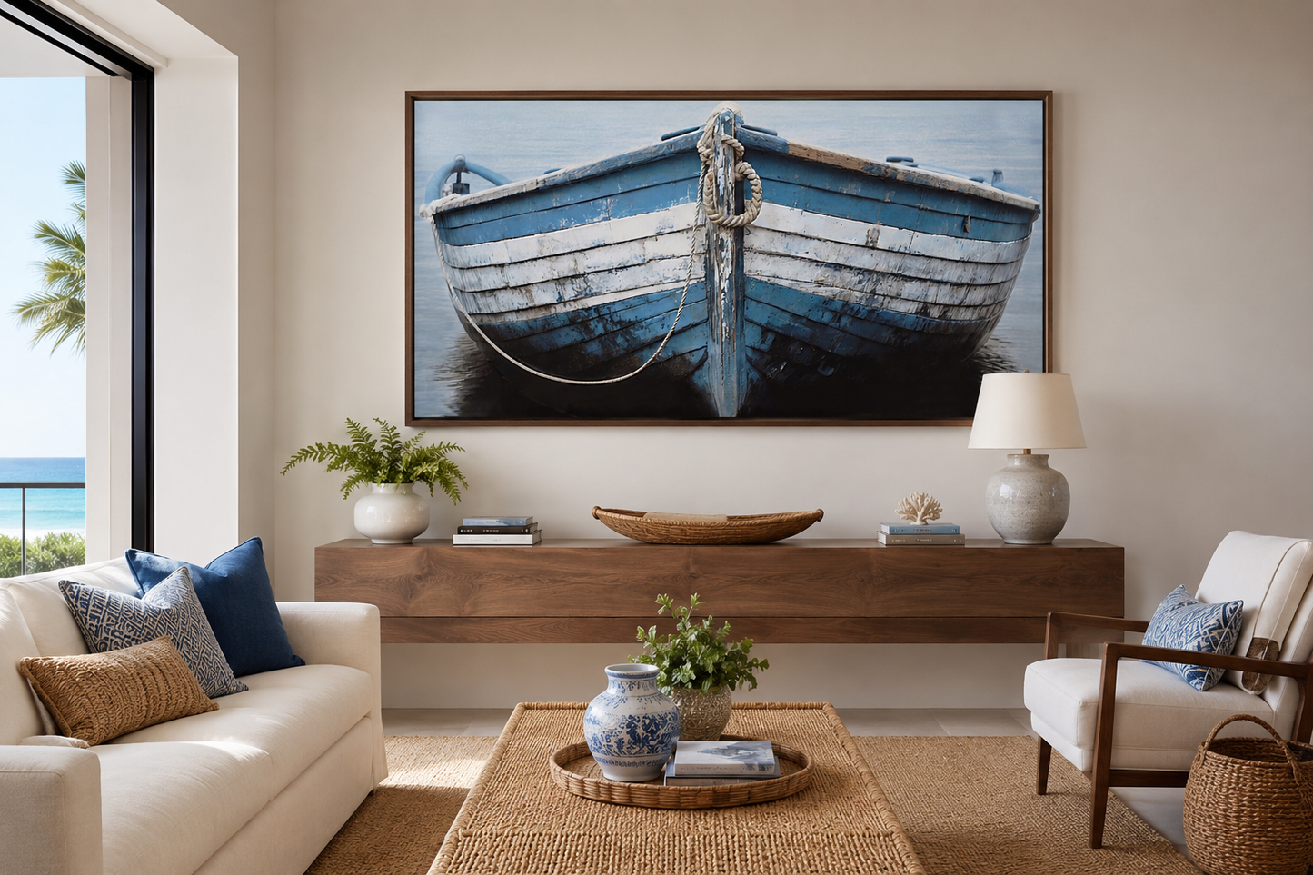 Rustic Boat Wall Art – Blue White Nautical Canvas Print for Coastal Decor