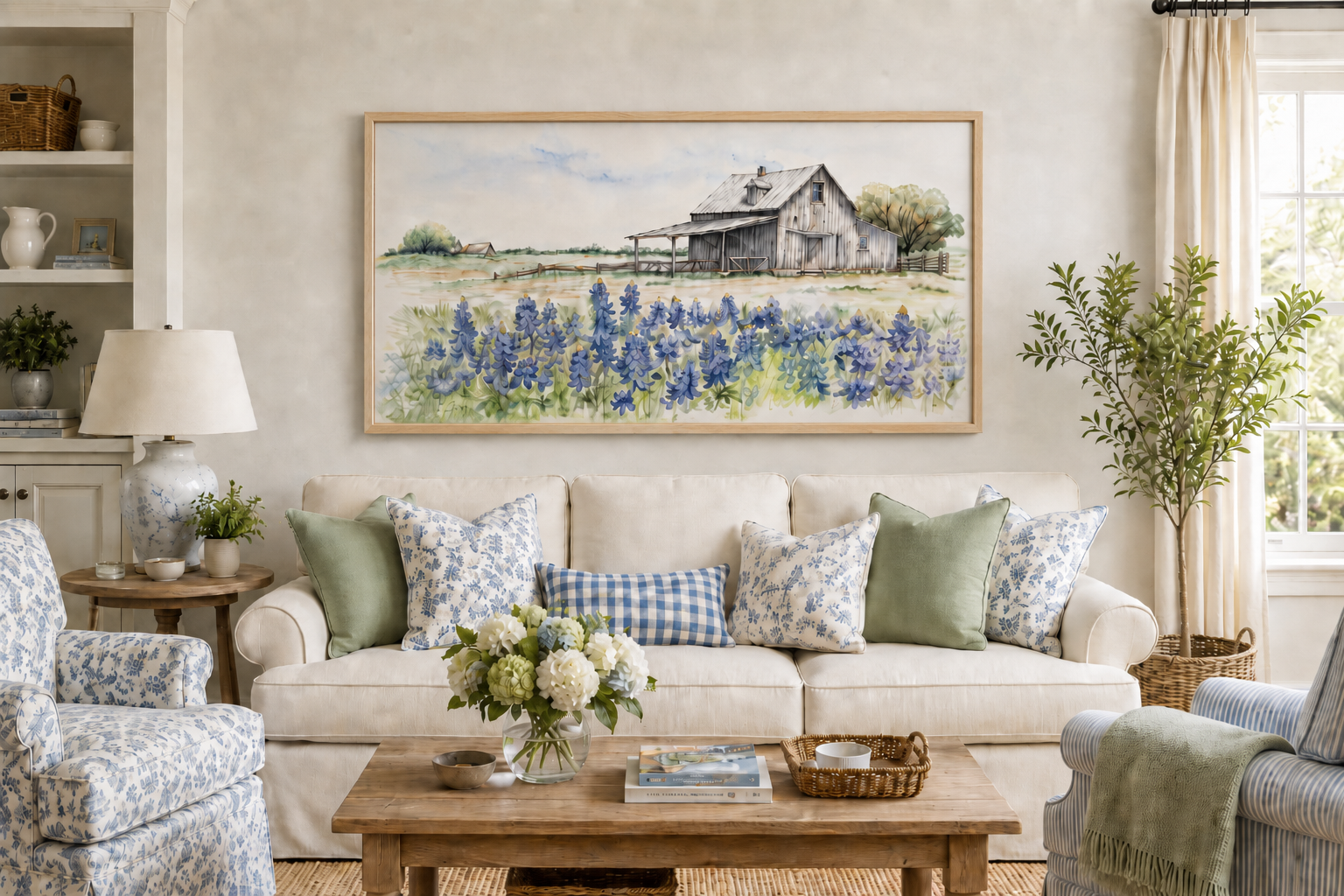 Texas Barn Wall Art – Rustic Farmhouse Decor With Bluebonnet Field Print Canvas