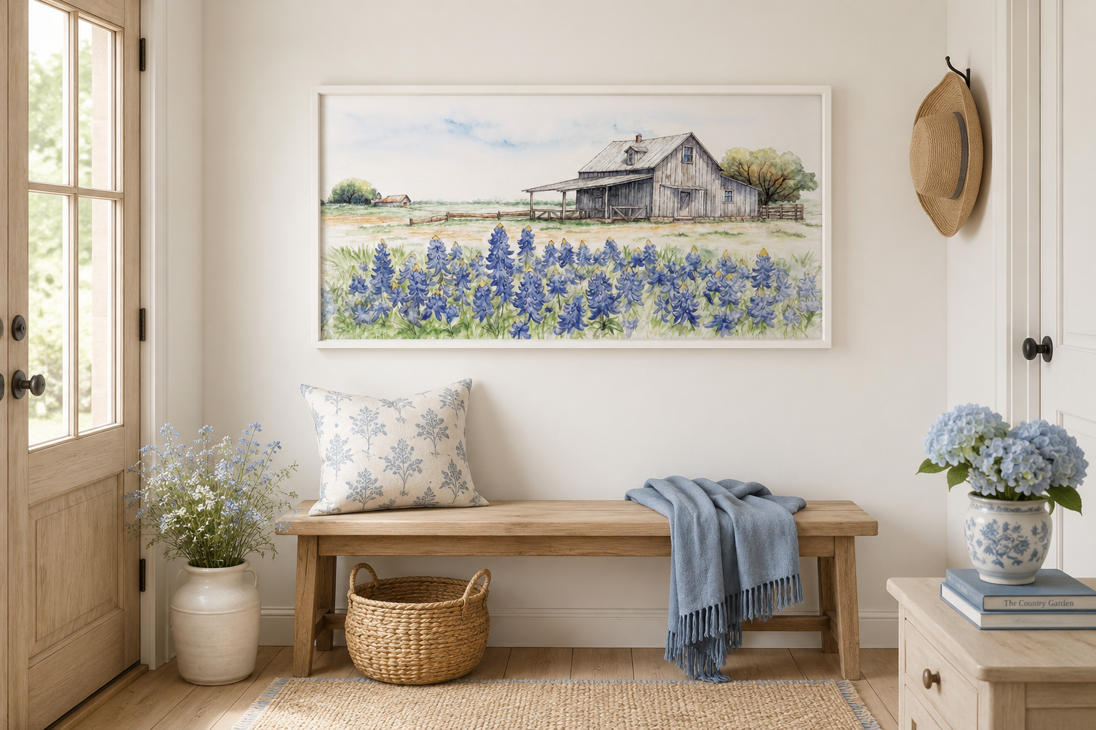 Texas Barn Wall Art – Rustic Farmhouse Decor With Bluebonnet Field Print Canvas