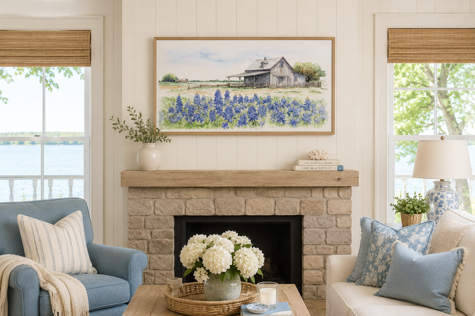 Texas Barn Wall Art – Rustic Farmhouse Decor With Bluebonnet Field Print Canvas