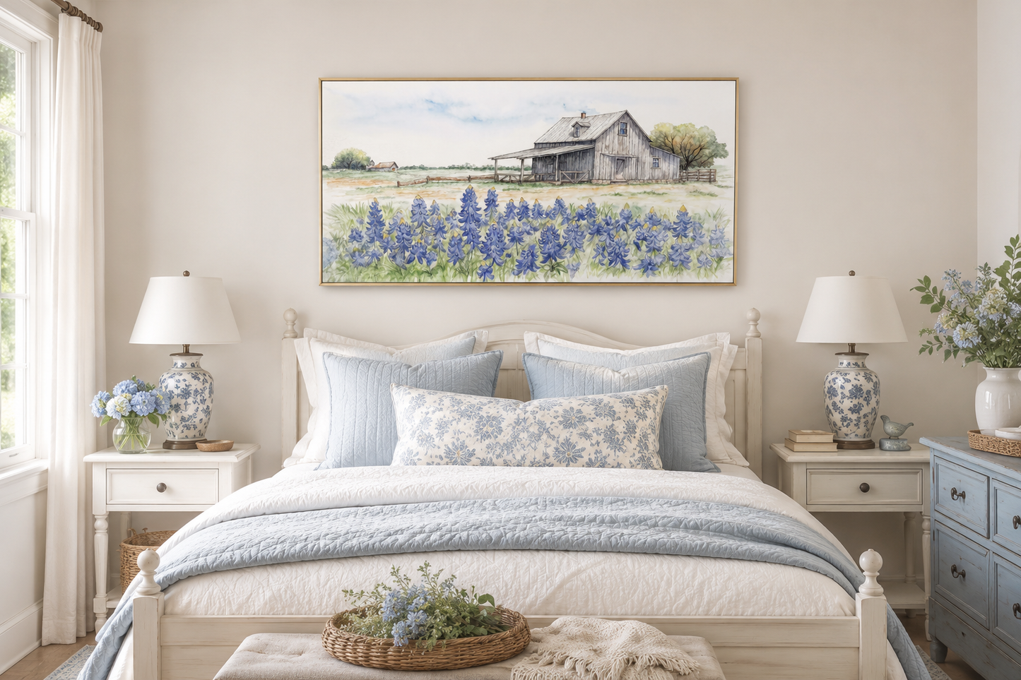 Texas Barn Wall Art – Rustic Farmhouse Decor With Bluebonnet Field Print Canvas