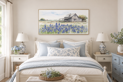 Texas Barn Wall Art – Rustic Farmhouse Decor With Bluebonnet Field Print Canvas