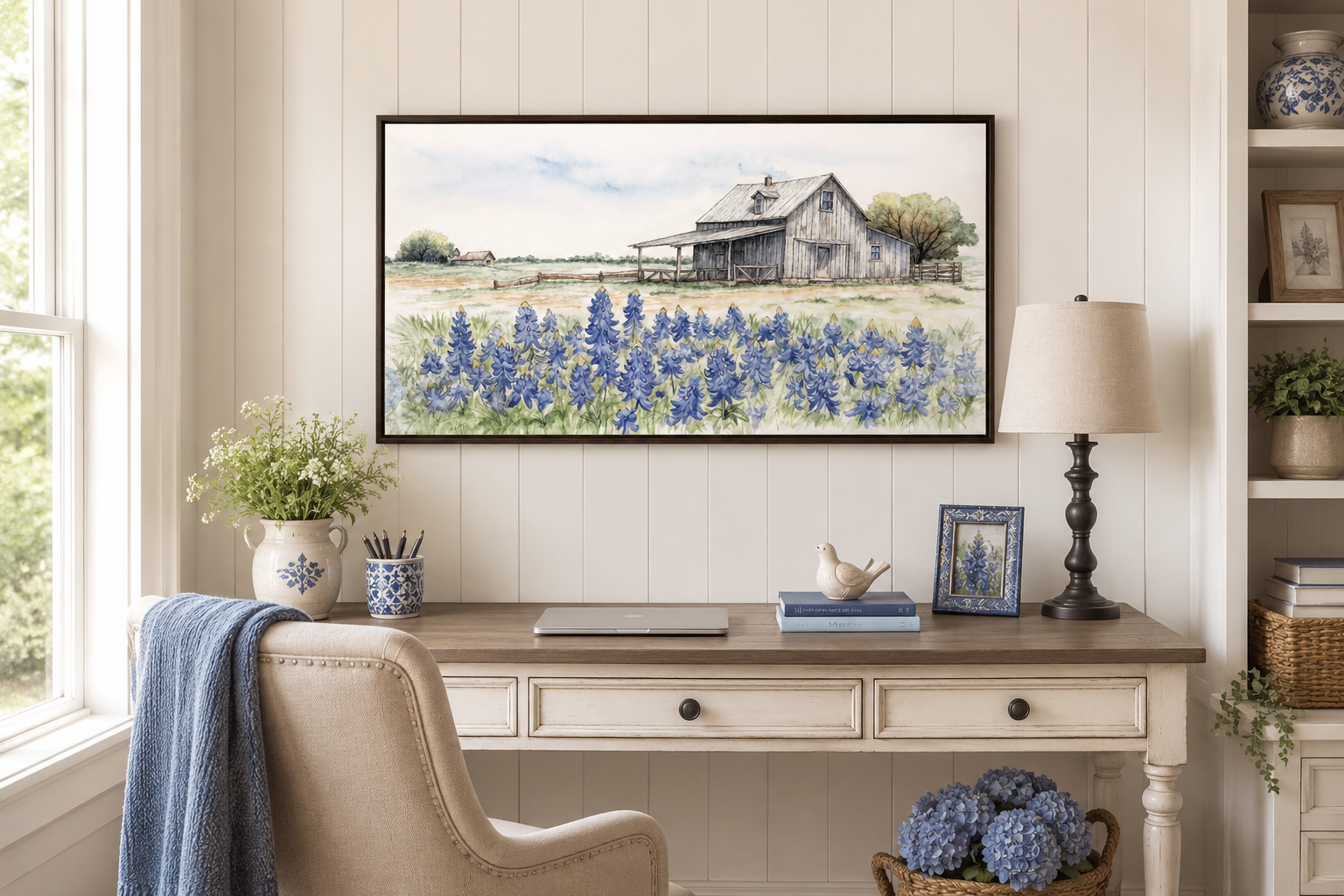 Texas Barn Wall Art – Rustic Farmhouse Decor With Bluebonnet Field Print Canvas