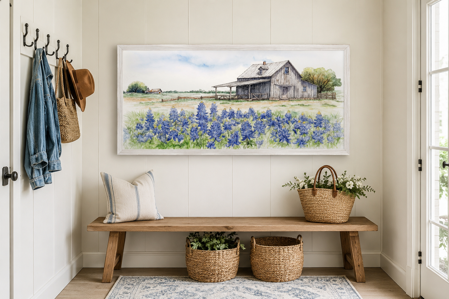 Texas Barn Wall Art – Rustic Farmhouse Decor With Bluebonnet Field Print Canvas