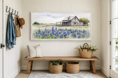 Texas Barn Wall Art – Rustic Farmhouse Decor With Bluebonnet Field Print Canvas