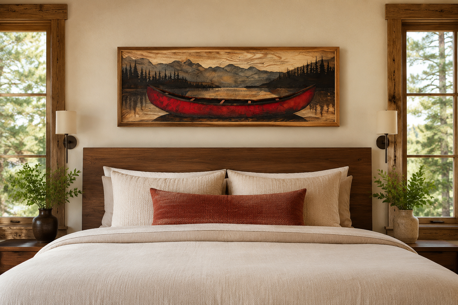 Old Red Canoe Painted On Wood Long Horizontal Framed Canvas Wall Art