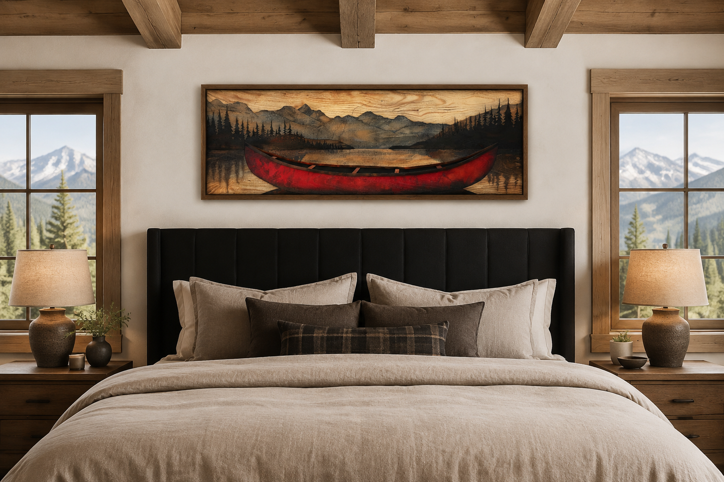 Old Red Canoe Painted On Wood Long Horizontal Framed Canvas Wall Art