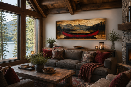Old Red Canoe Painted On Wood Long Horizontal Framed Canvas Wall Art