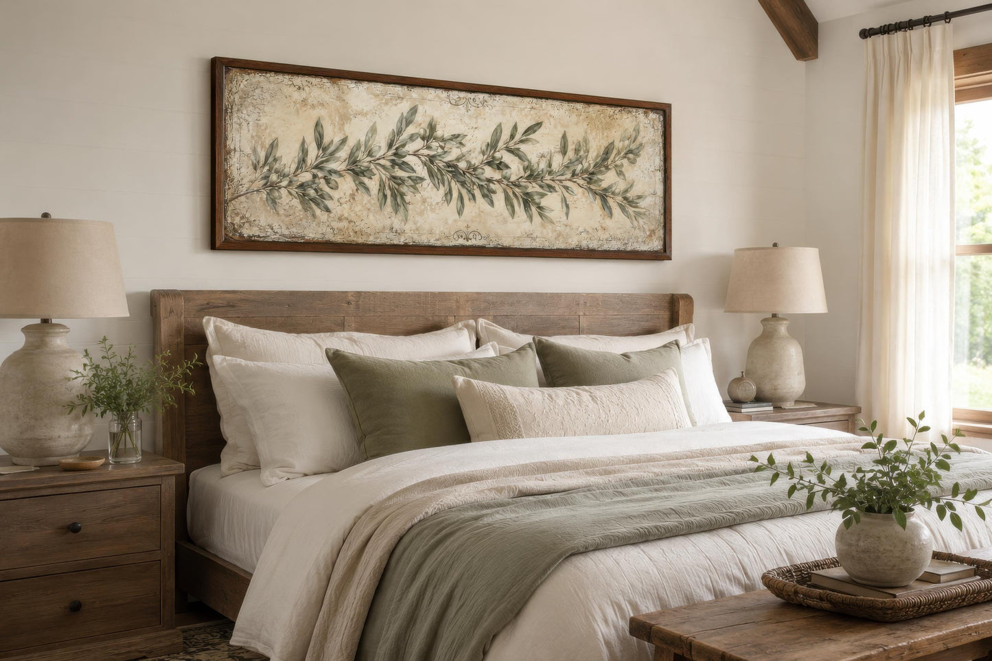 Olive Branch Wall Art – Long Narrow Canvas | Sage Green Farmhouse Decor