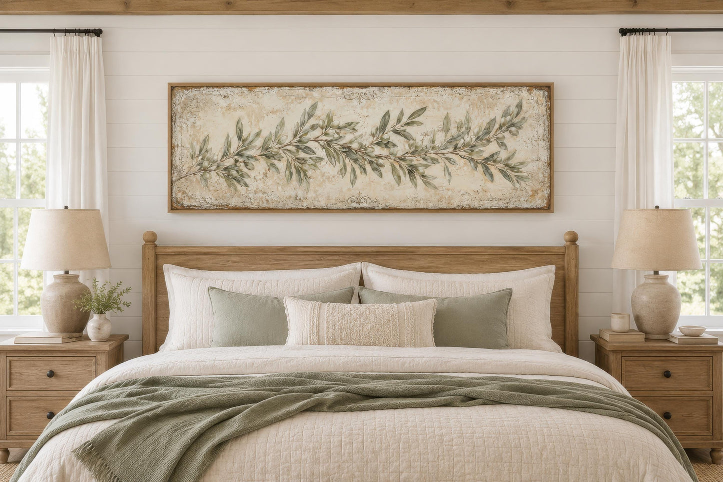 Olive Branch Wall Art – Long Narrow Canvas | Sage Green Farmhouse Decor