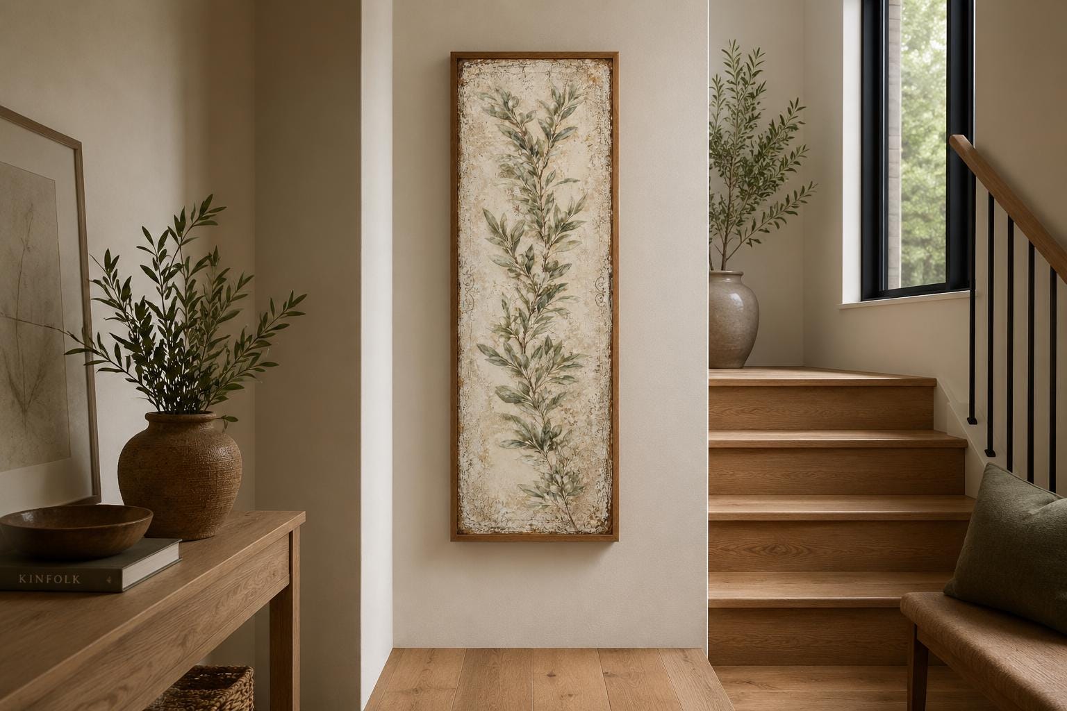 Olive Branch Wall Art - Tall Vertical Canvas | Tuscan Farmhouse Decor for Living Room