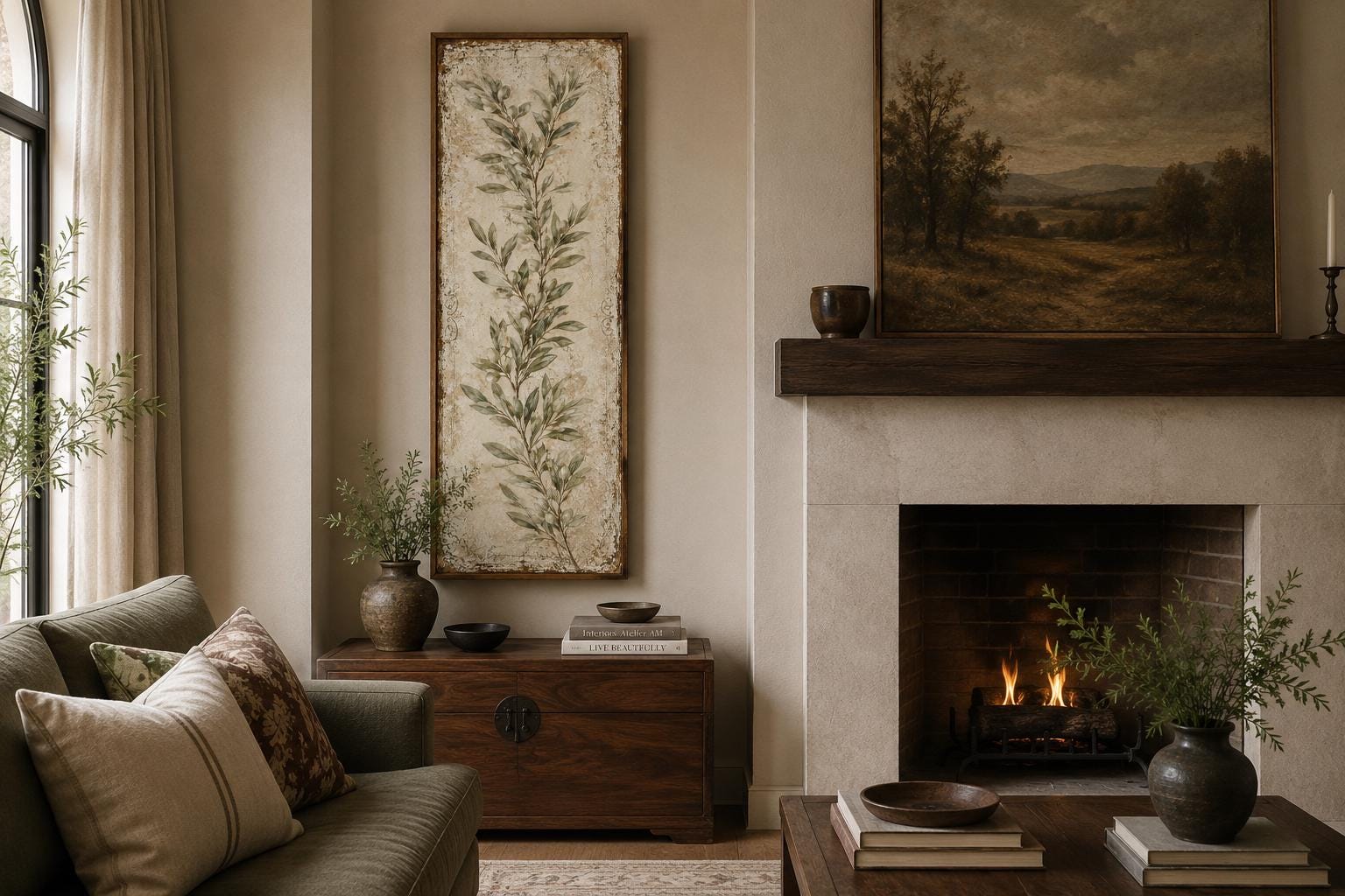 Olive Branch Wall Art - Tall Vertical Canvas | Tuscan Farmhouse Decor for Living Room