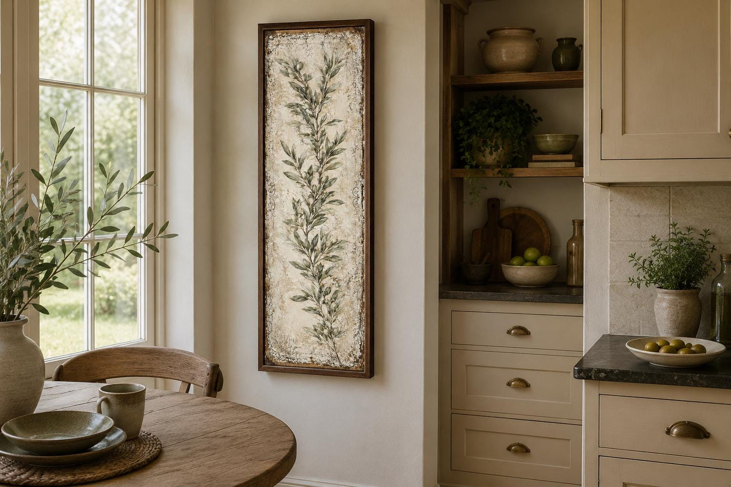 Olive Branch Wall Art - Tall Vertical Canvas | Tuscan Farmhouse Decor for Living Room