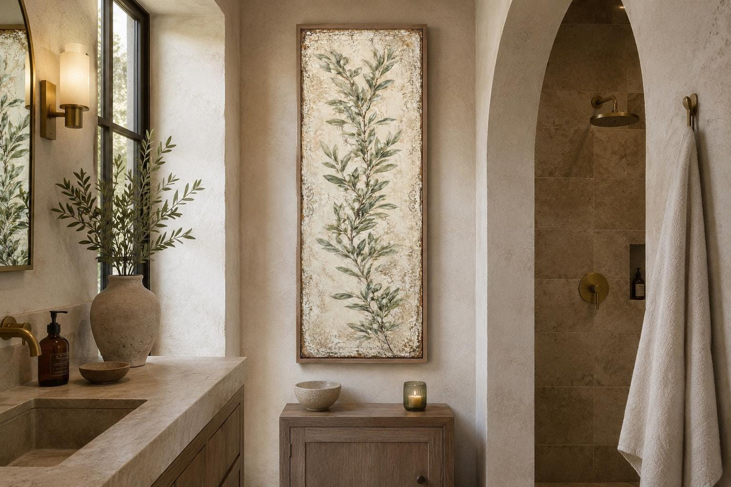 Olive Branch Wall Art - Tall Vertical Canvas | Tuscan Farmhouse Decor for Living Room