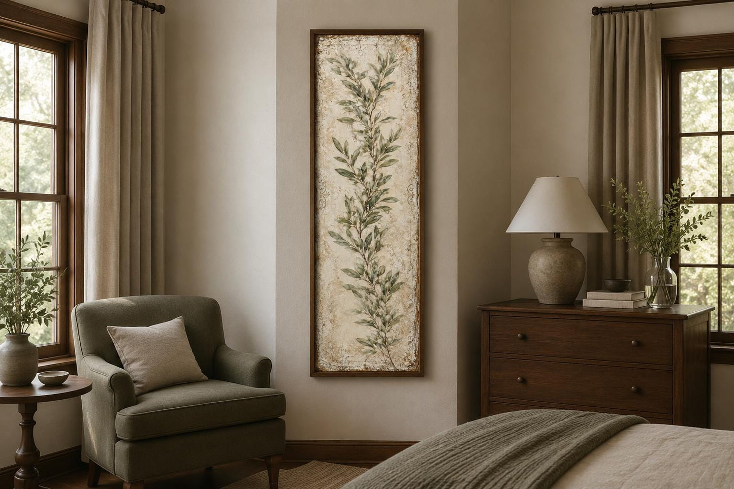 Olive Branch Wall Art - Tall Vertical Canvas | Tuscan Farmhouse Decor for Living Room