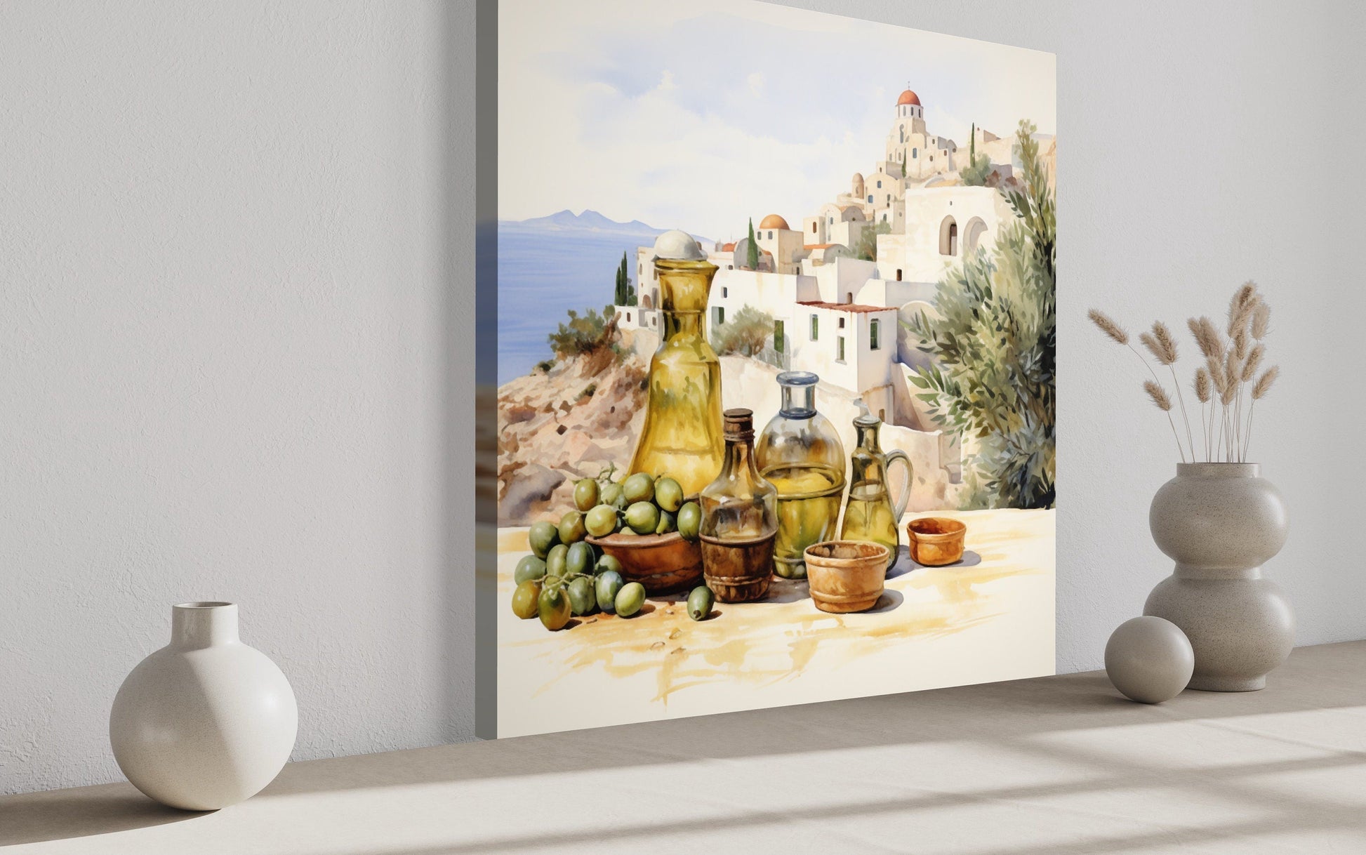 Olives And Oil Watercolor Greece Landscape Framed Canvas Wall Art For Kitchen Decor