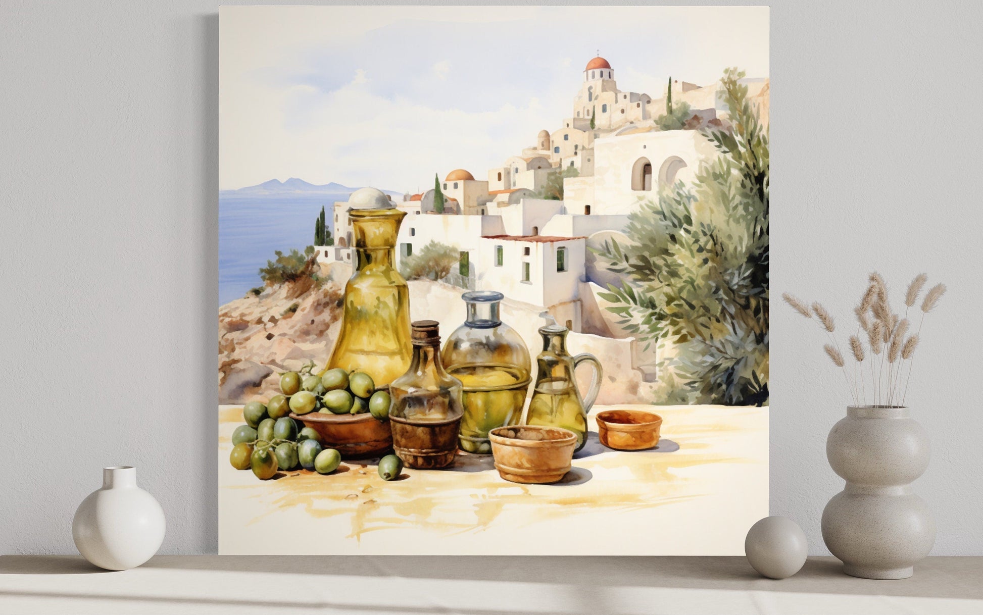 Olives And Oil Watercolor Greece Landscape Framed Canvas Wall Art For Kitchen Decor