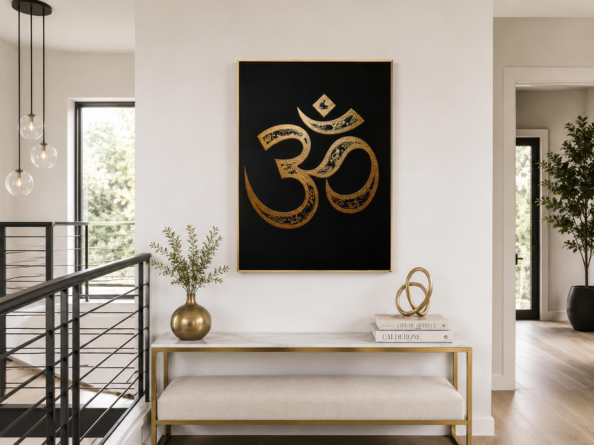 Om Symbol Wall Art – Gold Black Canvas | Spiritual Meditation Room Painting