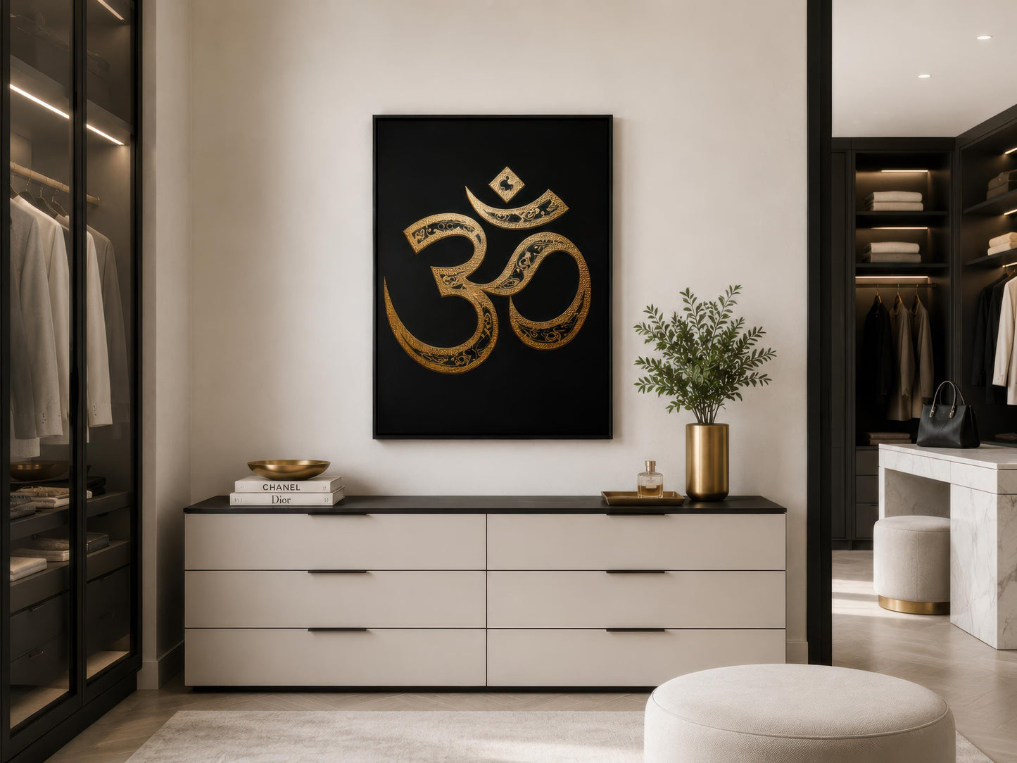 Om Symbol Wall Art – Gold Black Canvas | Spiritual Meditation Room Painting