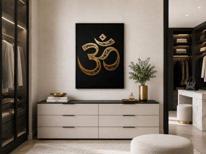 Om Symbol Wall Art – Gold Black Canvas | Spiritual Meditation Room Painting
