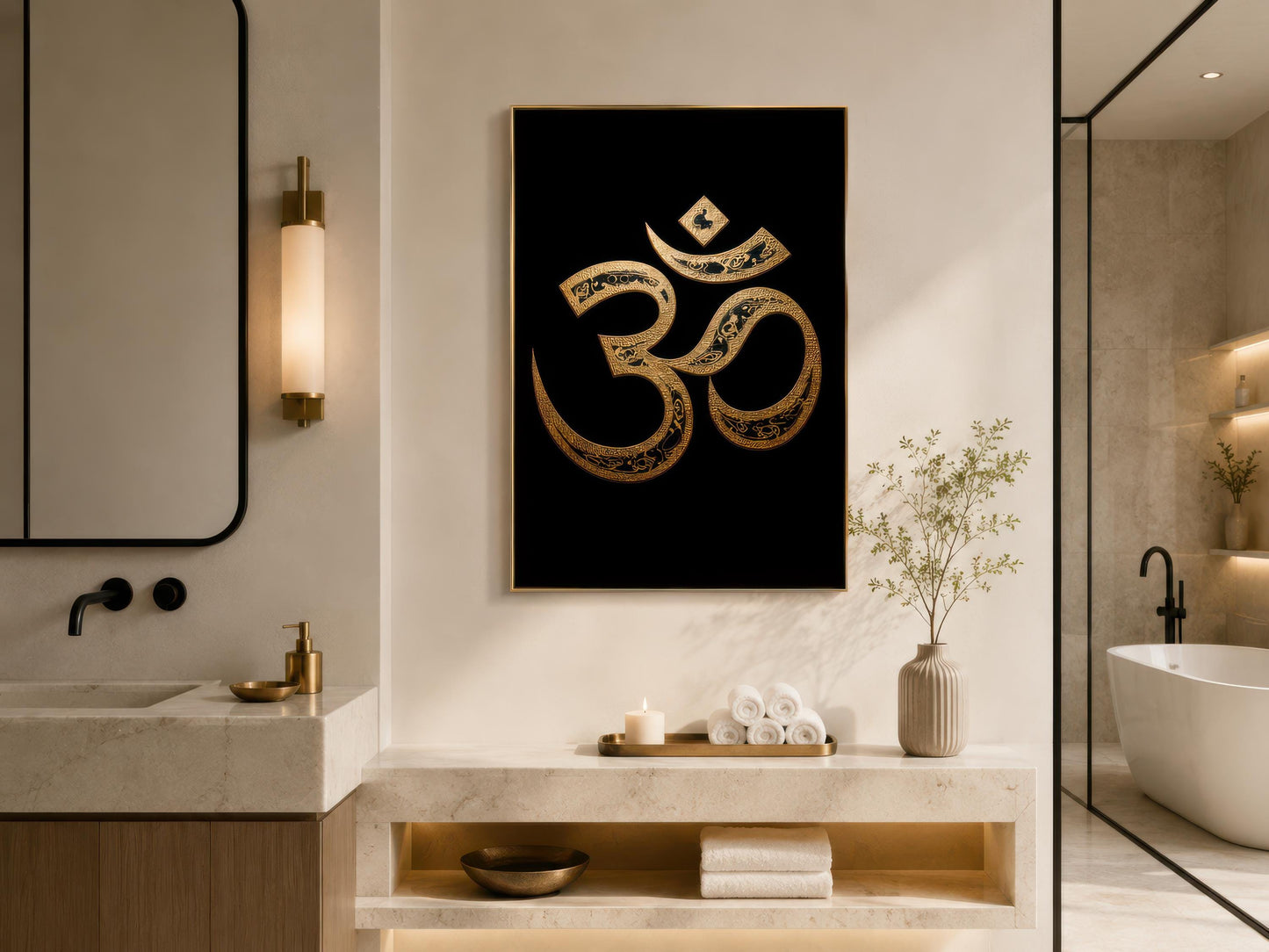Om Symbol Wall Art – Gold Black Canvas | Spiritual Meditation Room Painting