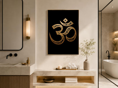 Om Symbol Wall Art – Gold Black Canvas | Spiritual Meditation Room Painting