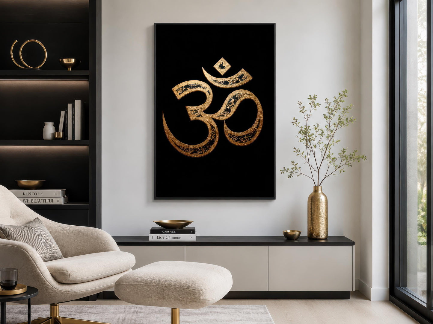 Om Symbol Wall Art – Gold Black Canvas | Spiritual Meditation Room Painting