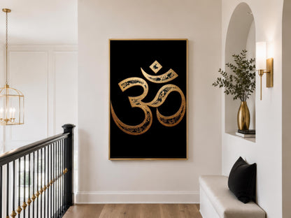 Om Symbol Wall Art – Gold Black Canvas | Spiritual Meditation Room Painting