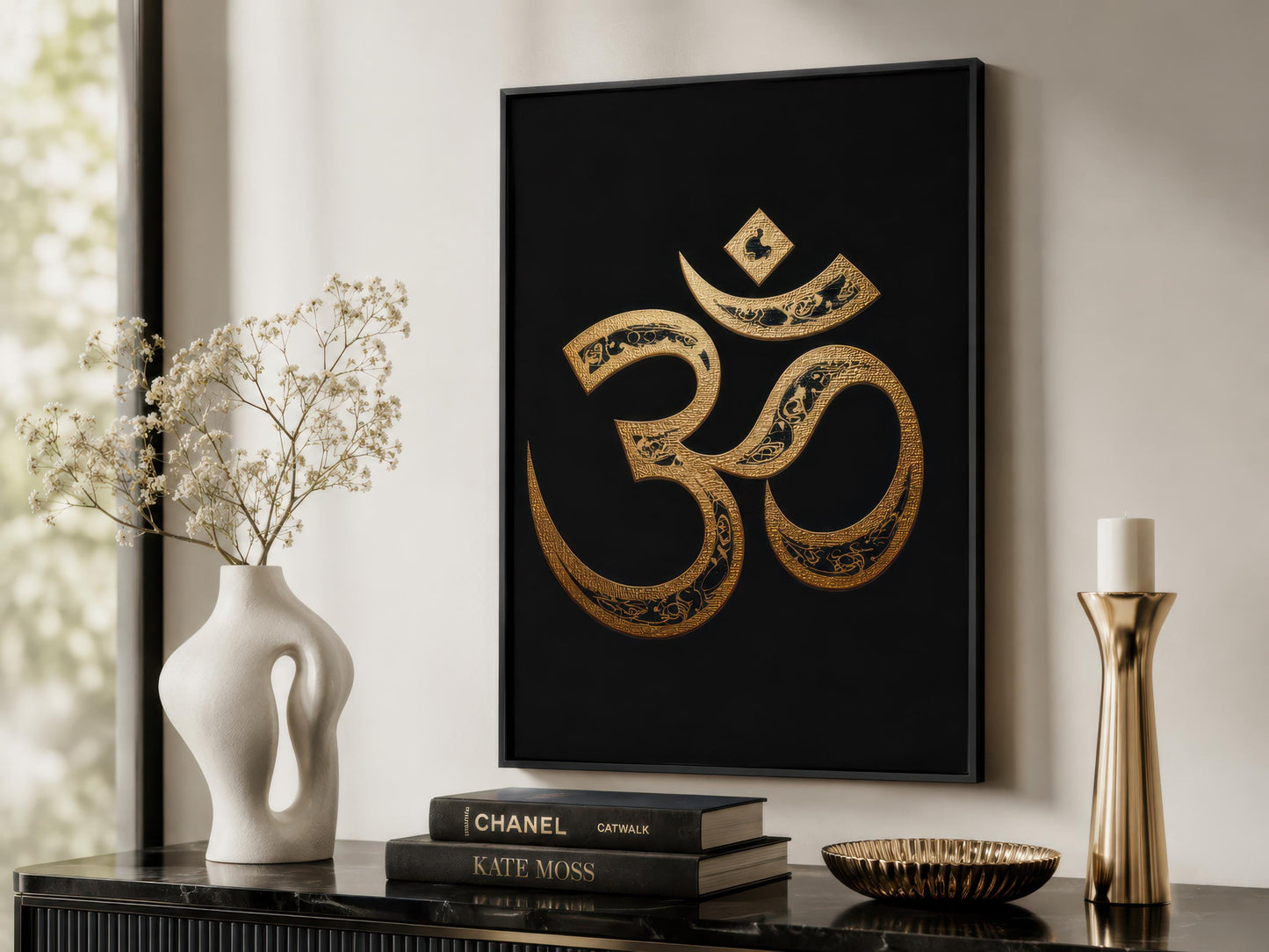 Om Symbol Wall Art – Gold Black Canvas | Spiritual Meditation Room Painting